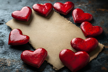Rustic valentine's day theme featuring a blank torn paper surrounded by glossy red hearts on a textured dark background, perfect for greeting card designs, invitations, and romantic promotions. Generative AIの素材