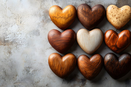 Wooden heart sculptures of varying grains and colors are symmetrically arranged on a textured rustic background. the artful display of natural wood tones creates a warm and inviting aesthetic ideal for home decor inspiration. Generative AIの素材
