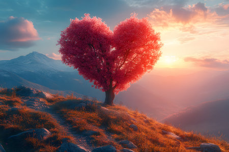 A heart-shaped tree stands majestically on a hillside, illuminated by a warm, colorful sunset. the vibrant sky and serene mountain backdrop create a romantic and picturesque setting ideal for nature and inspiration themes. Generative AIの素材