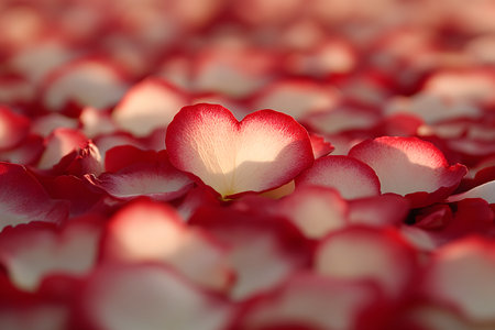 A close-up view of a heart-shaped petal amid a sea of red and white petals, evoking themes of love and romance. the soft focus and warm lighting create an intimate and tender atmosphere, ideal for valentine's day designs. Generative AIの素材
