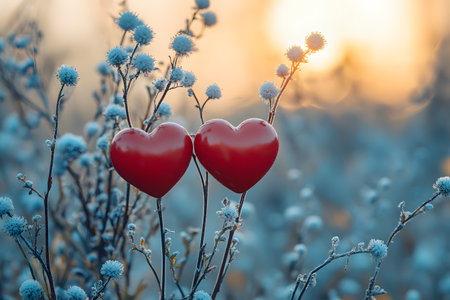 Two vibrant red heart decorations stand out against a backdrop of frosty plants in a tranquil winter setting. soft sunlight enhances the contrast, themes of romance, love, and winter magic. Generative AIの素材