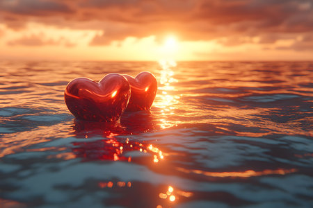 Two glossy heart-shaped objects float on tranquil ocean waters reflecting a stunning sunset. the warm, vibrant colors create a romantic and serene atmosphere, perfect for themes of love and companionship. Generative AIの素材