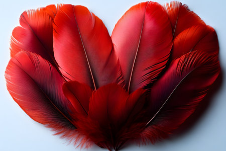 A stunning collection of vibrant red feathers fanned out against a light background, ideal for creative design projects, posters, or decorative purposes. the rich textures and bold colors evoke elegance and drama. Generative AIの素材