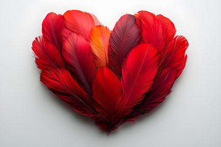 Red feathers are intricately arranged into the shape of a heart on a white background, symbolizing love and romance. perfect for valentine's day designs, wedding decorations, or romantic event themes. Generative AIの素材