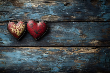 Two vintage metal hearts rest against a distressed wooden surface, offering a rustic and romantic theme. the contrasting colors and texture add depth, ideal for valentine's day or romantic design elements. Generative AIの素材