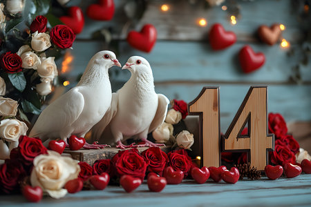 Two white doves are surrounded by red and white roses, heart-shaped decorations, and a wooden number 14, set against a rustic blue wooden background, symbolizing love and romance for valentine's day. Generative AIの素材