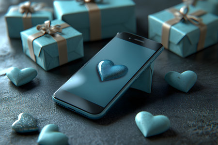 A smartphone with a heart icon on the screen rests among numerous elegantly wrapped gift boxes, evoking themes of modern romance and valentine's day. ideal for digital love communication and holiday marketing. Generative AIの素材