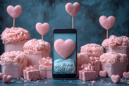 Pink frosted cupcakes adorned with heart toppers surround a smartphone displaying a heart image, amidst pastel gift boxes. the setup epitomizes valentine's day romance and sweetness, ideal for festive design use. Generative AIの素材