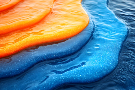 A stunning abstract composition featuring vivid blue and orange layers with a fluid, wave-like texture. perfect for artistic backgrounds, design elements, and modern concepts in print or digital media. Generative AIの素材