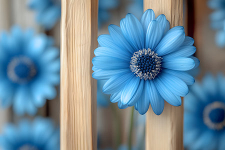 A striking blue flower stands out against a wooden fence, showcasing its delicate petals and intricate details. perfect for nature themes, floral designs, and creative backgrounds in print or digital media. Generative AIの素材