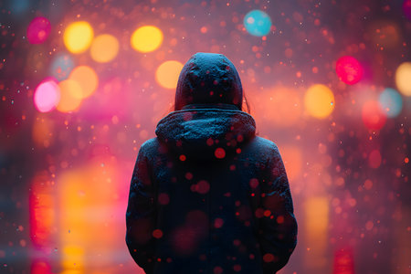 A hooded figure stands in the foreground, silhouetted against blurred, vibrant city lights. snowflakes gently fall, creating an atmosphere of solitude and tranquility amidst the urban backdrop. Generative AIの素材