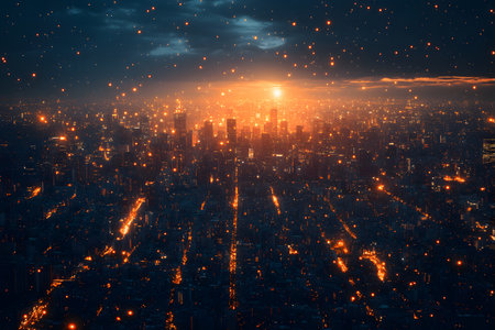 A striking view of a futuristic city skyline illuminated by warm, ambient lights against a dramatic sunset backdrop. the scene is vibrant and atmospheric, capturing the essence of modern urban life at dusk. Generative AIの素材