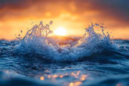 Ocean waves splash dramatically at sunset, capturing the balance between tranquility and power. vibrant colors illuminate the sky, creating a serene yet dynamic atmosphere ideal for design, print, or digital use. Generative AIの素材