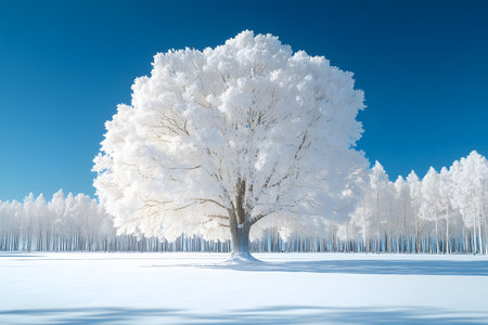 A stunning winter landscape featuring a large frost-covered tree in the foreground, standing majestically against a backdrop of a clear blue sky. snow blankets the surrounding field and distant forest, creating a serene and tranquil atmosphere. Generative AIの素材