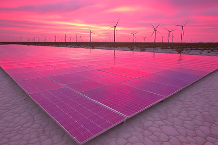 Solar panels and wind turbines harmonize together beneath a vibrant pink sunset. the image underscores renewable energy, sustainability, and environmental consciousness through its serene and futuristic landscape. Generative AIの素材