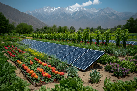 Solar panels are integrated into a colorful farm landscape, surrounded by thriving flowers and greenery. snow-capped mountains in the background add a majestic touch to the eco-friendly scene, renewable energy and agriculture. Generative AIの素材