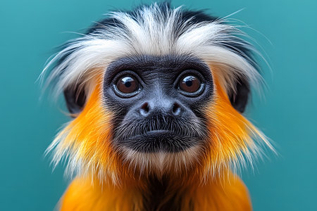 Close-up portrait of a golden lion tamarin monkey showcasing its vivid orange and white fur. the bright turquoise background contrasts with the monkey's expressive eyes and unique facial features, its natural beauty. Generative AIの素材