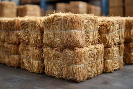 Stacks of rectangular straw bales are neatly arranged indoors, themes of agriculture, farming, and efficient storage. the setting emphasizes the importance of organized resources in agricultural practices. Generative AIの素材