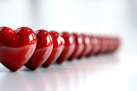 A close-up view of glossy red hearts aligned on a reflective surface, symbolizing love and romance. the soft focus in the background creates depth, making it ideal for valentine's day-themed designs and decorations. Generative AIの素材