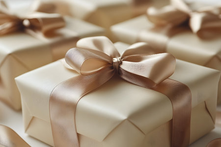 Luxurious gift boxes wrapped in creamy paper and adorned with silky golden satin ribbons. perfect for celebrations, birthdays, weddings, and holiday gift exchanges. exudes elegance and festivity. Generative AIの素材