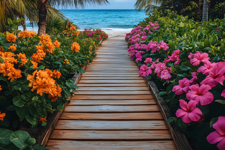 Wooden pathway surrounded by vibrant orange and pink flowers leads to a serene tropical beach with turquoise waters. palm trees provide shade, creating an inviting scene ideal for relaxation and nature-themed designs. Generative AIの素材
