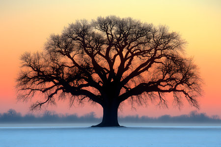 A solitary oak tree stands tall in a frosty winter landscape against the backdrop of a vibrant sunrise. the intricate branches are silhouetted, creating a striking contrast with the colorful sky, perfect for nature enthusiasts and home decor. Generative AIの素材