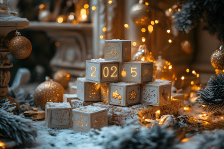 Festive scene featuring illuminated blocks displaying 2025 surrounded by snow-dusted ornaments, pine branches, and warm fairy lights, capturing the essence of a cozy new year celebration. Generative AIの素材
