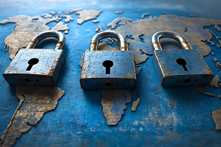 Three rusty padlocks lie on an old world map, symbolizing global data security and protection. the worn appearance of the locks highlights themes of privacy, cybersecurity, and the safeguarding of information worldwide. Generative AIの素材