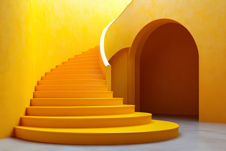 A striking yellow spiral staircase brightens a contemporary architectural space, showcasing modern design elements. the smooth curves and vibrant color create an inviting yet bold aesthetic for interior decor. Generative AIの素材