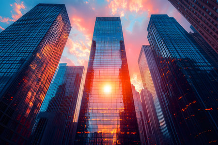 Skyscrapers in a bustling city reflect a vivid sunset sky, creating a dramatic visual effect with mirrored glass facades. the warm, vibrant colors of the sunset enhance the imposing architecture, conveying a sense of modernity and urban grandeur. Generative AIの素材