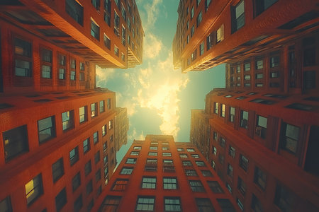 Skyward perspective from the ground surrounded by towering brick buildings, revealing a dramatic sky. warm tones accentuate the architectural details and the dynamic contrast between earth and sky. Generative AIの素材