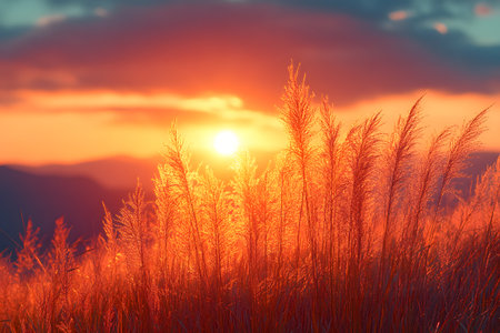 Golden sunlight illuminates tall grasses, creating a warm glow against a vibrant sunset. fluffy clouds add depth to the serene landscape, ideal for nature-themed prints and calming home decor. Generative AIの素材