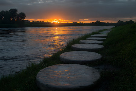 Riverside pathway with circular stones at sunset creates a serene scene. the tranquil water reflects the vibrant colors of the sky, combining nature s beauty with a peaceful walking trail. Generative AIの素材
