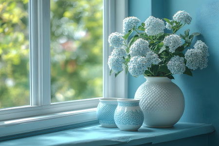 A calming scene featuring a bouquet of white hydrangeas in an elegant vase, positioned on a windowsill. the soft blue walls and matching pottery enhance the serene, cozy cottage ambiance, with sunlight filtering through the window. Generative AIの素材