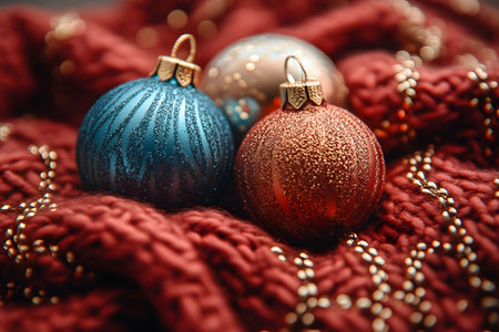 Festive christmas ornaments, featuring shimmering blue and red baubles with intricate designs, nestled on a warm red knit fabric. ideal for holiday-themed designs, greeting cards, or seasonal decorations. Generative AIの素材