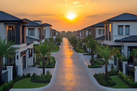A stunning suburban neighborhood at sunset, featuring modern houses with sleek architectural designs. the street is lined with palm trees, creating a serene, upscale environment ideal for real estate marketing. Generative AIの素材
