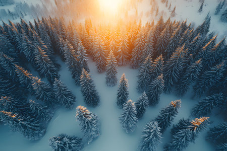 A stunning aerial view of a peaceful winter landscape featuring a sunlit pine forest blanketed in snow. the warm glow of sunrise casts a magical ambiance, creating a serene and captivating winter scene. Generative AIの素材