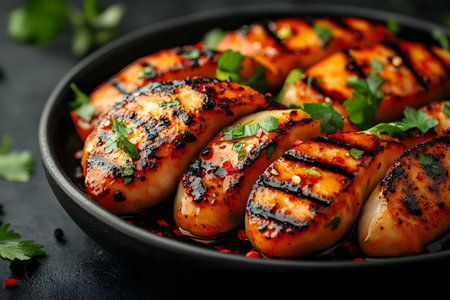 Juicy grilled chicken breasts, perfectly charred and garnished with fresh herbs such as cilantro and parsley. the dish is presented on a dark plate, enhancing the rich colors, making it ideal for summer bbq gatherings and culinary presentations. Generative AIの素材