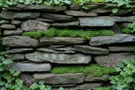 A rustic stone wall interspersed with vibrant green moss and plants offers a natural aesthetic. the layers of weathered stones and lush foliage create texture and depth, ideal for landscape design concepts. Generative AIの素材