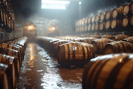 A dimly lit whiskey distillery cellar showcases rows of aging barrels, enhancing the authentic feel of the space. the rustic stone walls and ambient light create an atmosphere of tradition and craftsmanship in spirit production. Generative AIの素材