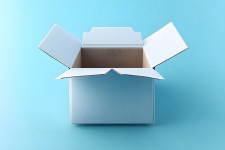 Open cardboard box with flaps extended, positioned against a vibrant blue backdrop. ideal for themes related to shipping, packaging, storage, and diy projects. clean, minimalistic design enhancing versatility. Generative AIの素材