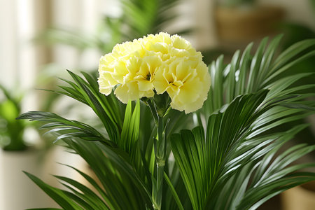 Yellow carnations in full bloom stand out against vibrant green foliage, perfect for interior decoration, garden inspiration, or floral arrangement themes. ideal for enhancing any living space with color and freshness. Generative AIの素材