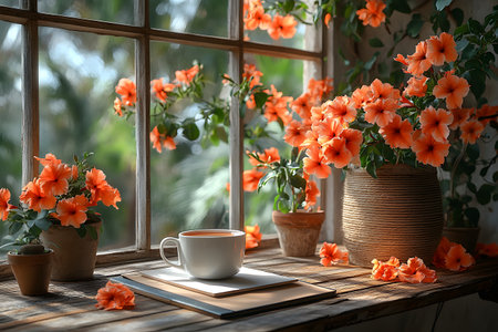 Sunlight streams through a window, illuminating a cozy wooden table adorned with blooming orange flowers and a steaming cup of coffee. the scene evokes a peaceful morning atmosphere, blending nature with the warmth of a home setting. Generative AIの素材