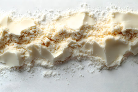 Abstract artwork featuring creamy textures and a granular substance on a white background. the image presents an interplay of smooth and rough textures, ideal for culinary, artistic, or design purposes. Generative AIの素材