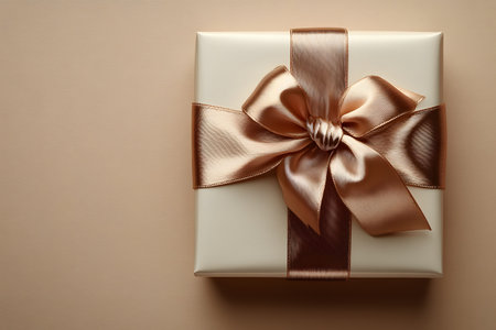 A sophisticated gift box, wrapped in neutral beige with a luxurious satin ribbon, symbolizing elegance and celebration. ideal for holidays, birthdays, or special events, embodying timeless charm and thoughtfulness. Generative AIの素材