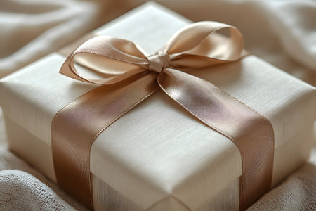 A sophisticated beige gift box adorned with a luxurious satin ribbon, perfect for weddings, anniversaries, birthdays, or holidays. the soft fabric backdrop enhances its elegance and charm, making it suitable for various celebratory occasions. Generative AIの素材
