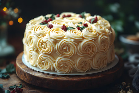 Luxurious cake adorned with intricate white chocolate rose patterns, accented by fresh berries, set on a rustic wooden table. ideal for weddings, anniversaries, or elegant celebrations. dimly lit, with a lush, romantic feel. Generative AIの素材