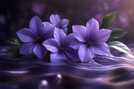 Purple flowers rest gently on a rippling surface, creating a calming and serene scene. the soft focus background enhances the enchanting beauty, ideal for designs, posters, or nature-inspired projects. Generative AIの素材