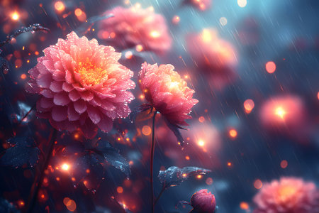 Dew-covered pink roses shimmer amid a magical interplay of rain and ethereal bioluminescent lights. the nocturnal scene creates a dreamlike ambiance with vibrant colors and soft focus, enhancing a fantasy garden setting. Generative AIの素材