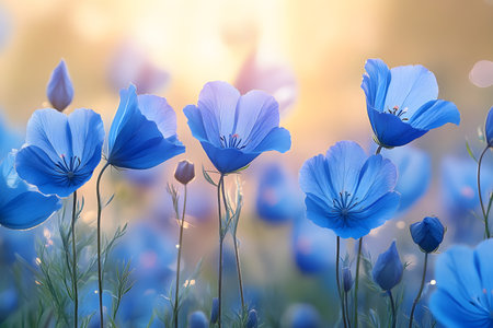 Sunlit blue flowers in a serene field, capturing the warmth of early morning. gentle light creates a soft, tranquil ambiance, ideal for nature enthusiasts and botanical-themed designs. Generative AIの素材